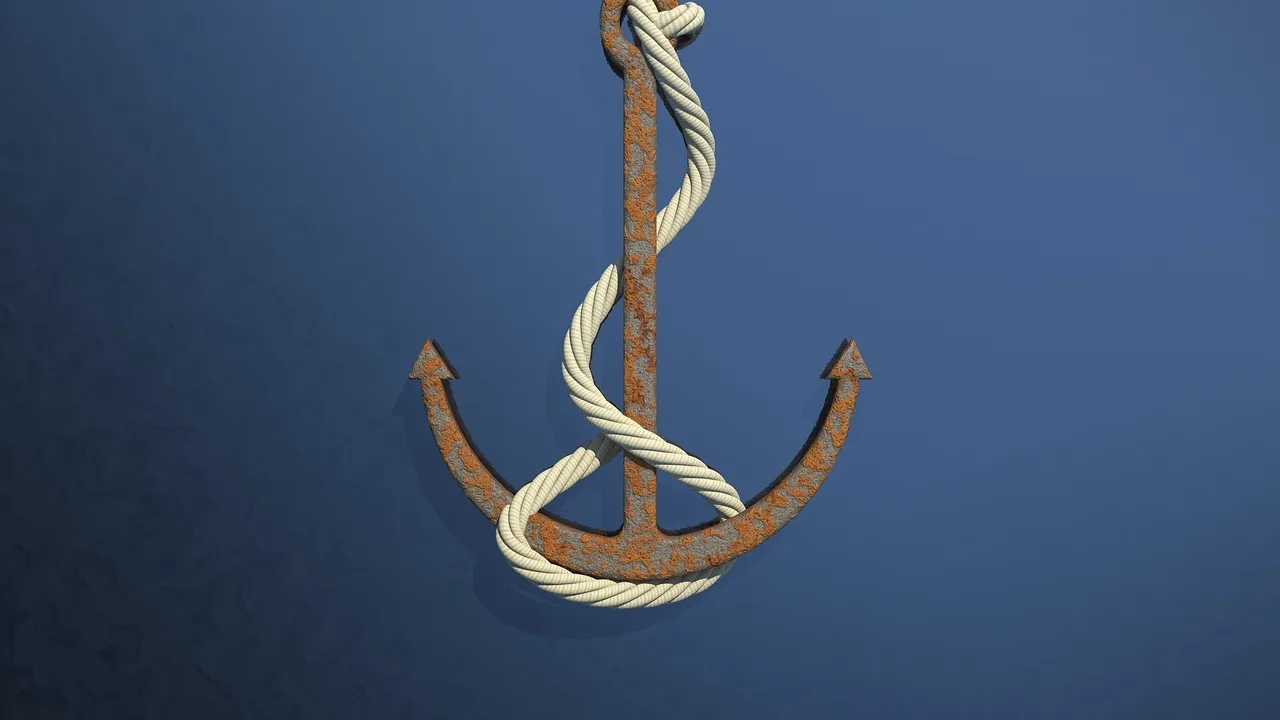 Ancre rouillée et son cordage, sur fond bleu profond